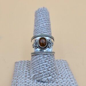 Size 9 Sterling Silver Oval Amber Wide Band Ring A5889